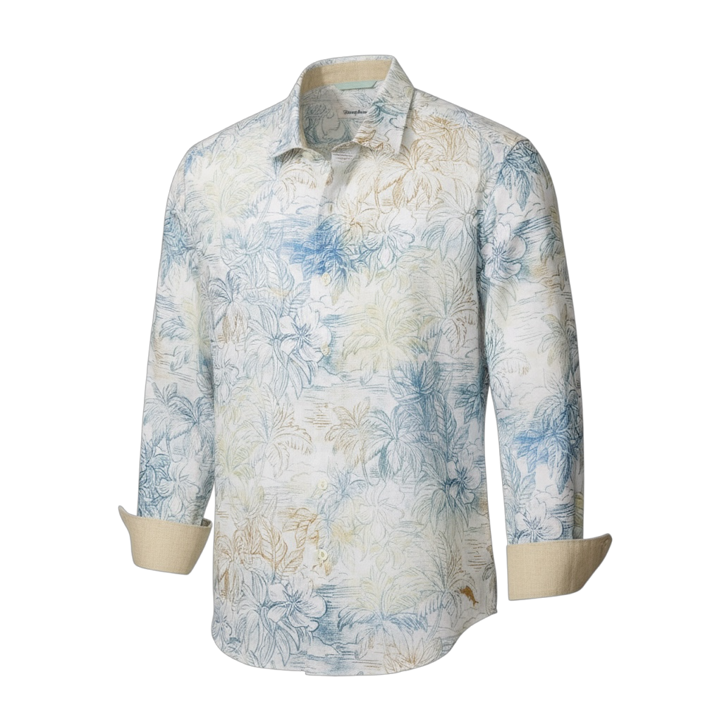 Floral patterned shirt with rolled-up sleeves on a white background from Tommy Bahama in linen