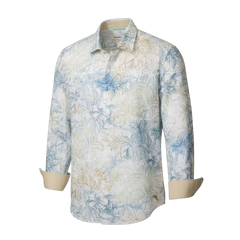 Floral patterned shirt with rolled-up sleeves on a white background from Tommy Bahama in linen