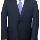 Navy suit with a purple tie on a plain background
