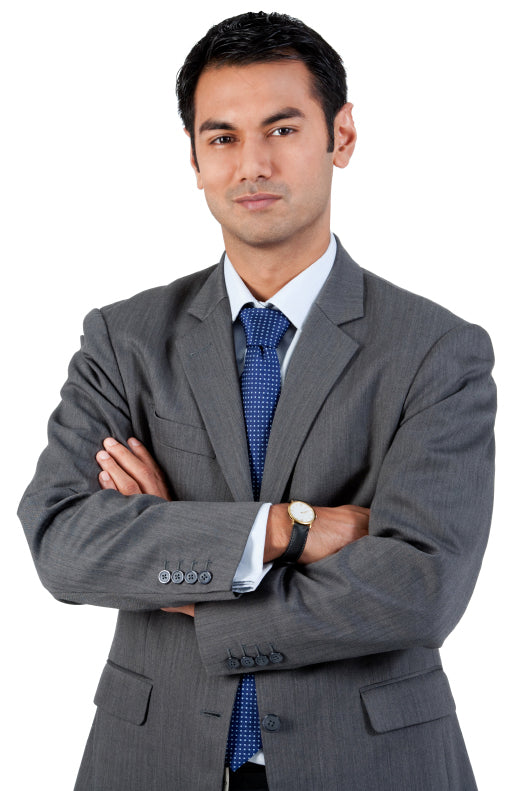 Man in a gray suit with arms crossed on a white background