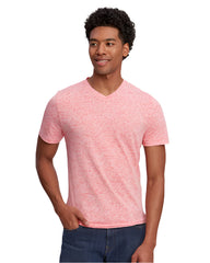 Man wearing a pink V-neck t-shirt against a plain background