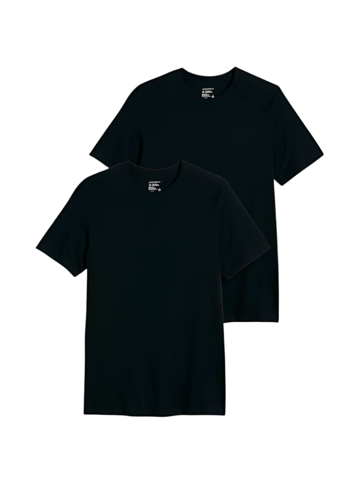 Two black t-shirts on a light gray background