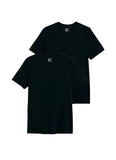 Two black t-shirts on a light gray background