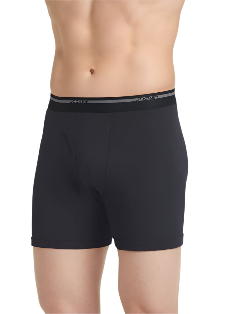Black boxer briefs with a visible brand logo on a plain background