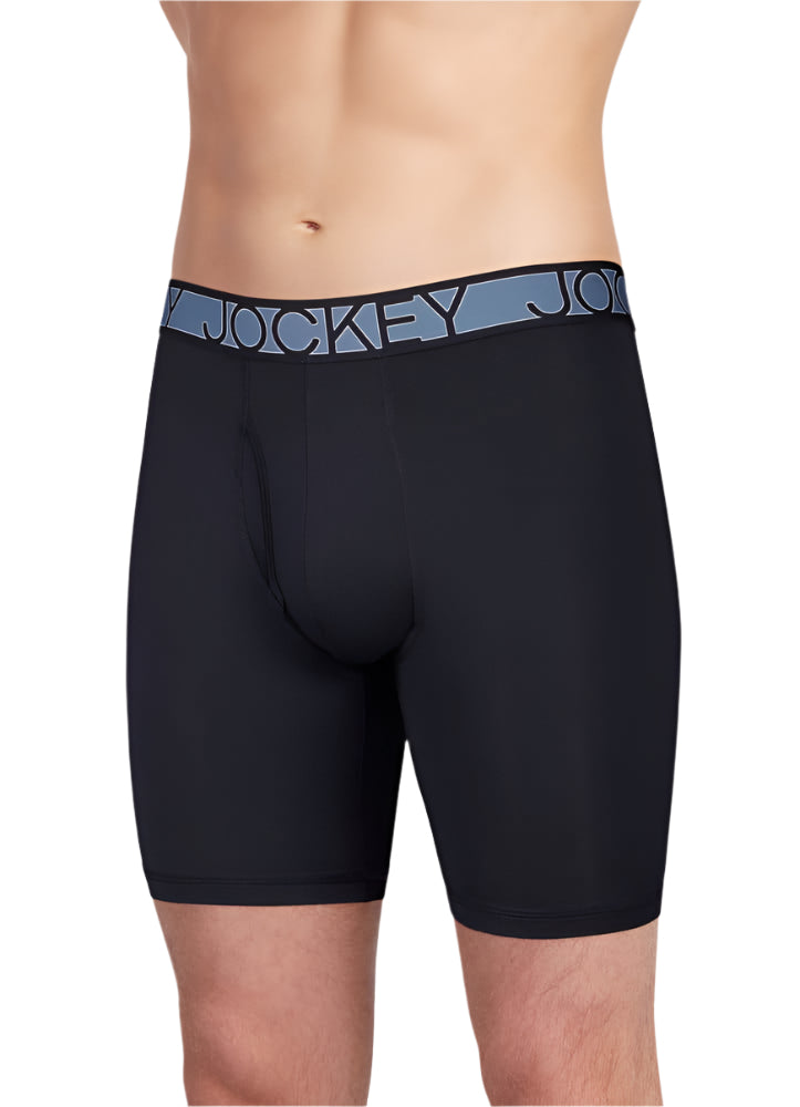 Black boxer briefs with blue waistband featuring Jockey logo on a gray background