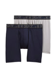 Two pairs of Jockey boxer briefs, one navy and one gray, on a light gray background.