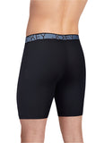 Black boxer briefs with blue waistband on a neutral background