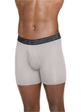 Gray boxer briefs with a blue waistband featuring 'Jockey' branding on a plain background.