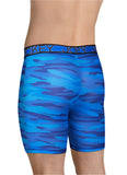 Blue camouflage athletic shorts with a brand logo on a gray background