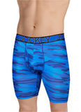 Blue camouflage boxer briefs with Jockey logo on a gray background