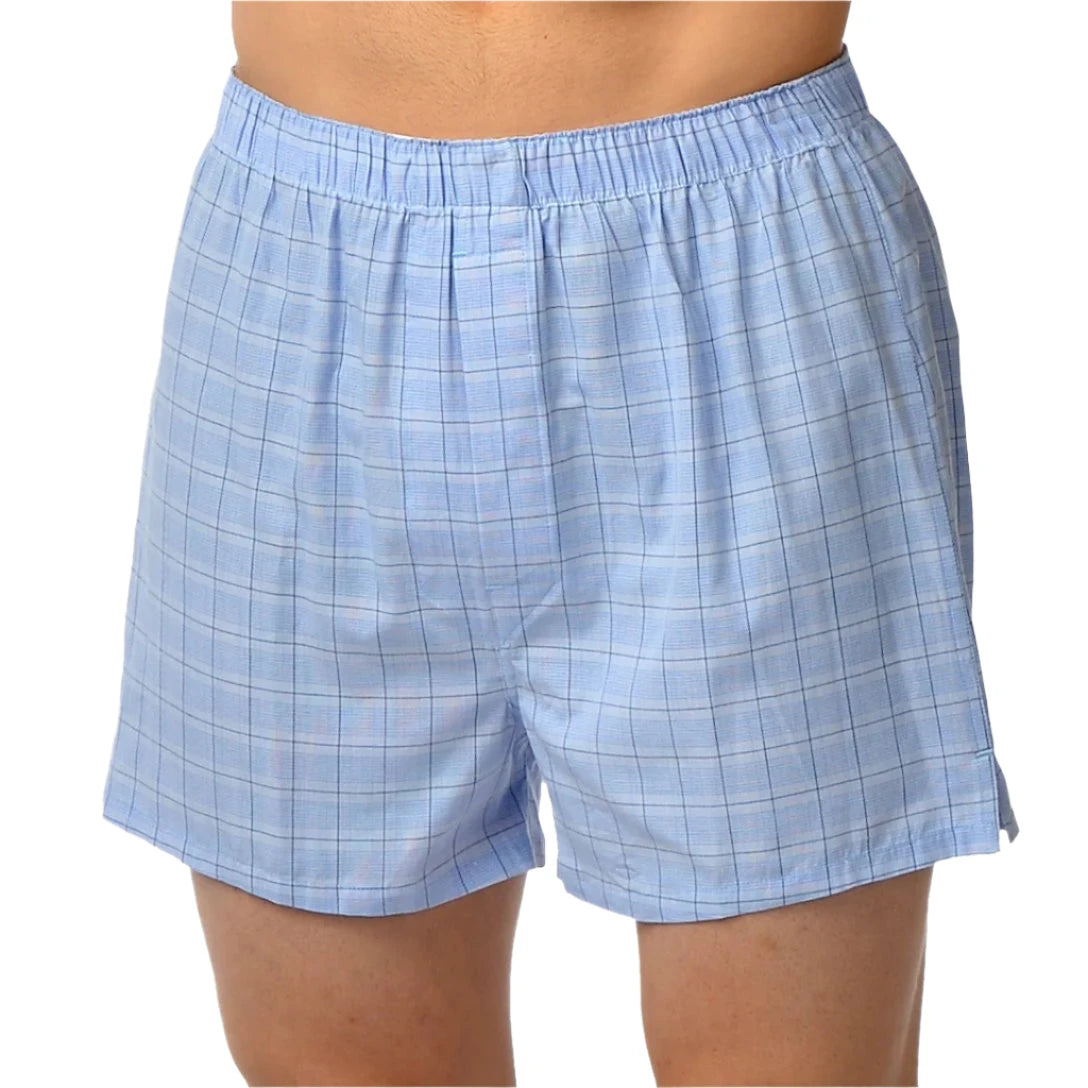 Light blue checkered shorts on a white background