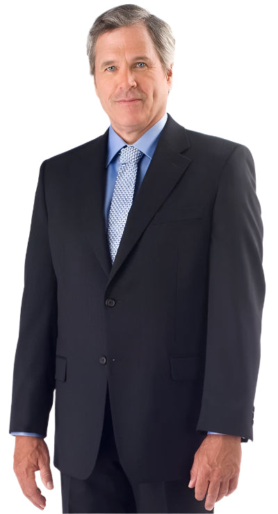 Man wearing a navy pinstripe suit and blue shirt with a tie on a white background