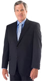 Man wearing a navy pinstripe suit and blue shirt with a tie on a white background