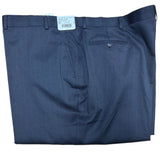 Folded navy blue strip pants on a white background
