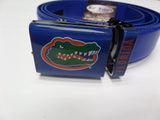 hole less university of Florida Gators buckle on a royal blue leather belt at lil johns big and tall  