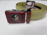 hole less Florida state university of Seminoles buckle on a vegas gold leather belt at lil johns big and tall  