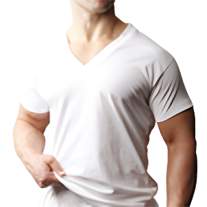 A man wearing a white v-neck t-shirt
