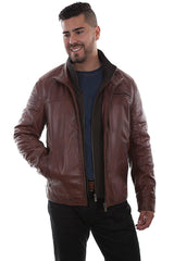 Man wearing a brown leather jacket on a white background