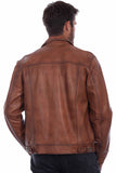 Brown leather jacket worn by a person on a white background