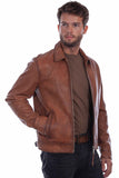 Man wearing a brown leather jacket on a white background