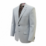 blue and white stripe seersucker blazer on a white background