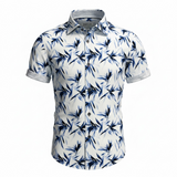 Short-sleeve shirt with blue leaf pattern on a white background