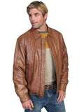 Man wearing a brown leather jacket on a white background