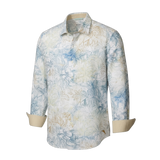 Floral patterned shirt with rolled-up sleeves on a white background from Tommy Bahama in linen