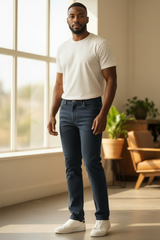Man wearing a white t-shirt and dark jeans standing in a bright room with large windows.