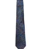 Blue paisley patterned tie on a wooden surface
