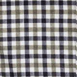Plaid fabric with black, white, and olive pattern