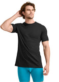 Man wearing a black t-shirt and blue shorts on a light gray background