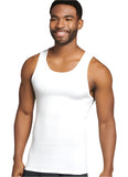 Man wearing a white tank top against a plain background