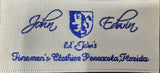 Embroidered label with 'John Edwin' and a logo on a textured surface