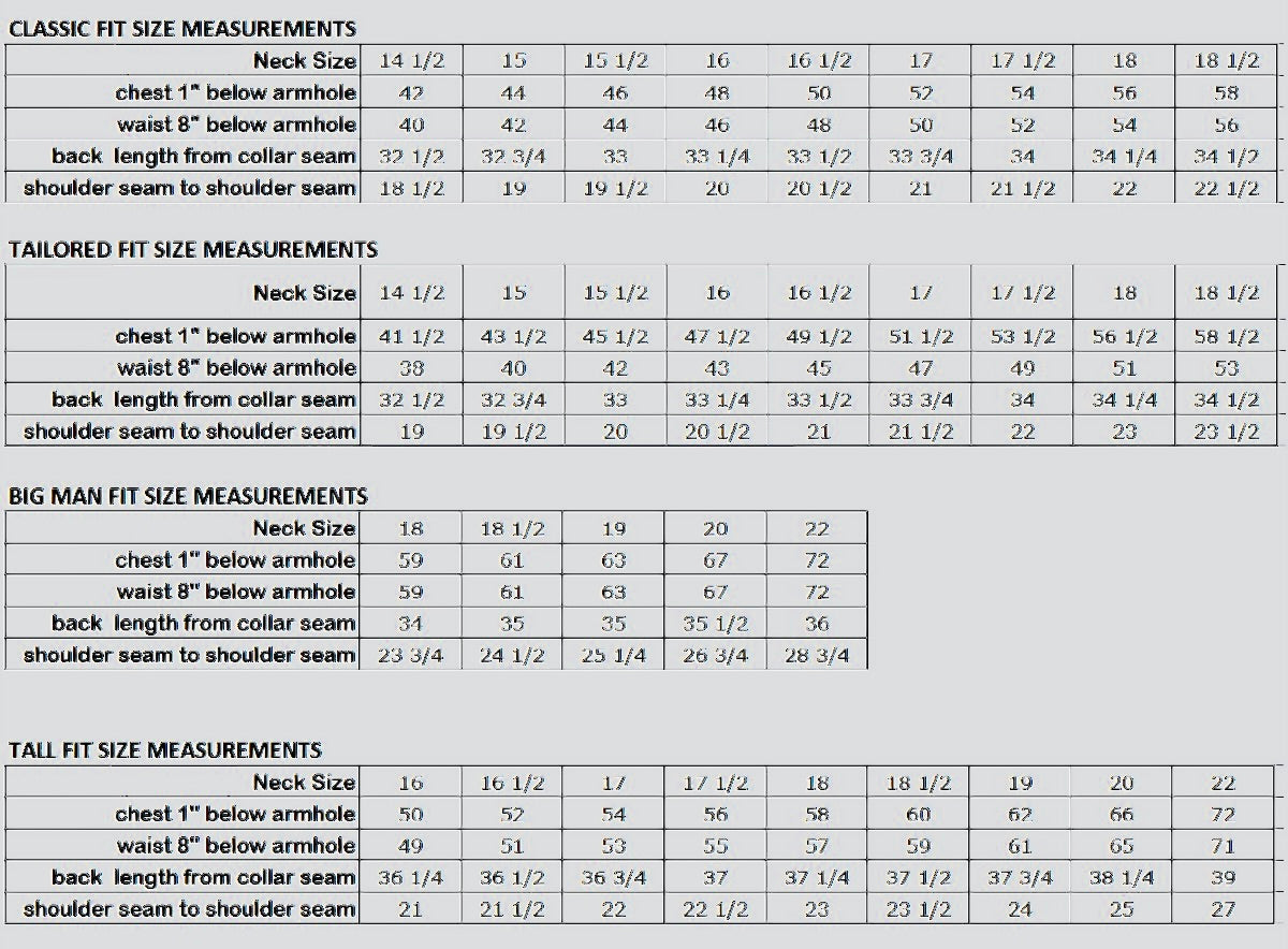 John Edwin Non-Iron 100% Cotton Dress shirt size chart at Lil Johns Fine Mens Clothier - big and tall mens fashion