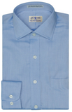 Light blue dress shirt with collar label on a white background