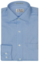 Light blue dress shirt with collar label on a white background