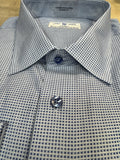 Close-up of a men's dress shirt collar and button placket, showing a small-scale blue and white micro-check pattern, dark buttons, and a visible neck label.