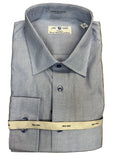 A folded long-sleeve dress shirt with a fine blue and white micro-check pattern, secured with a branded paper band, placed on a light wood surface.