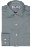 Folded gray dress shirt with a collar label on a white background