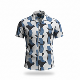 Short-sleeve shirt with geometric pattern on a white background