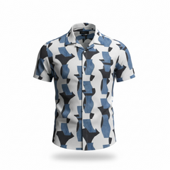Short-sleeve shirt with geometric pattern on a white background