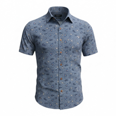 Blue patterned short-sleeve shirt on a white background