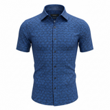 Blue checkered short-sleeve shirt on a white background