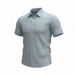 Gray short-sleeve button-up shirt on a white background