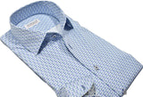 Folded blue patterned shirt on a white background