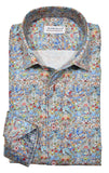Floral patterned shirt with a visible brand label on a white background