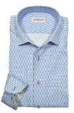 Folded blue and white patterned dress shirt with collar showing brand name on a white background