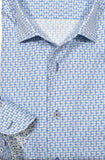 Blue and white patterned shirt with a close-up of the collar and buttons.