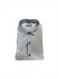 Folded gray checkered shirt with brand label on a white background
